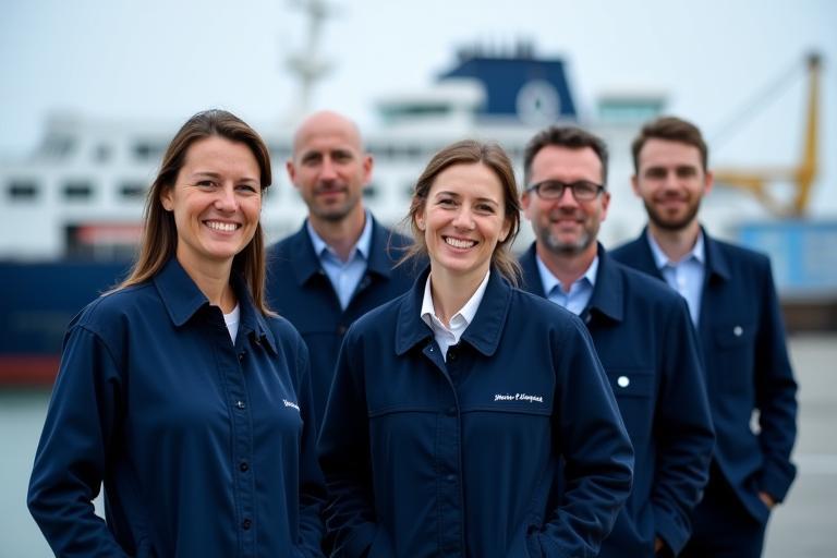 Hanse Fährlogistik team members standing near a ship in Rostock port